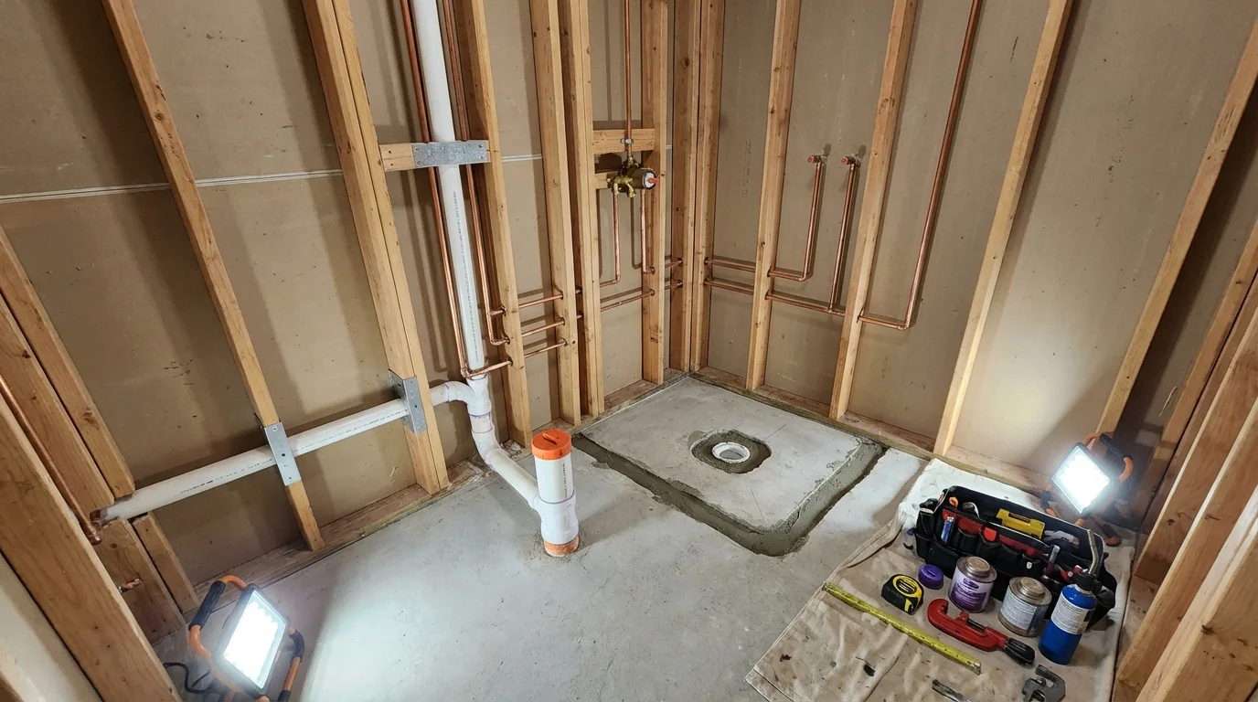 Bathroom rough-in plumbing during remodel by Johns Plumbing LLC in Trussville