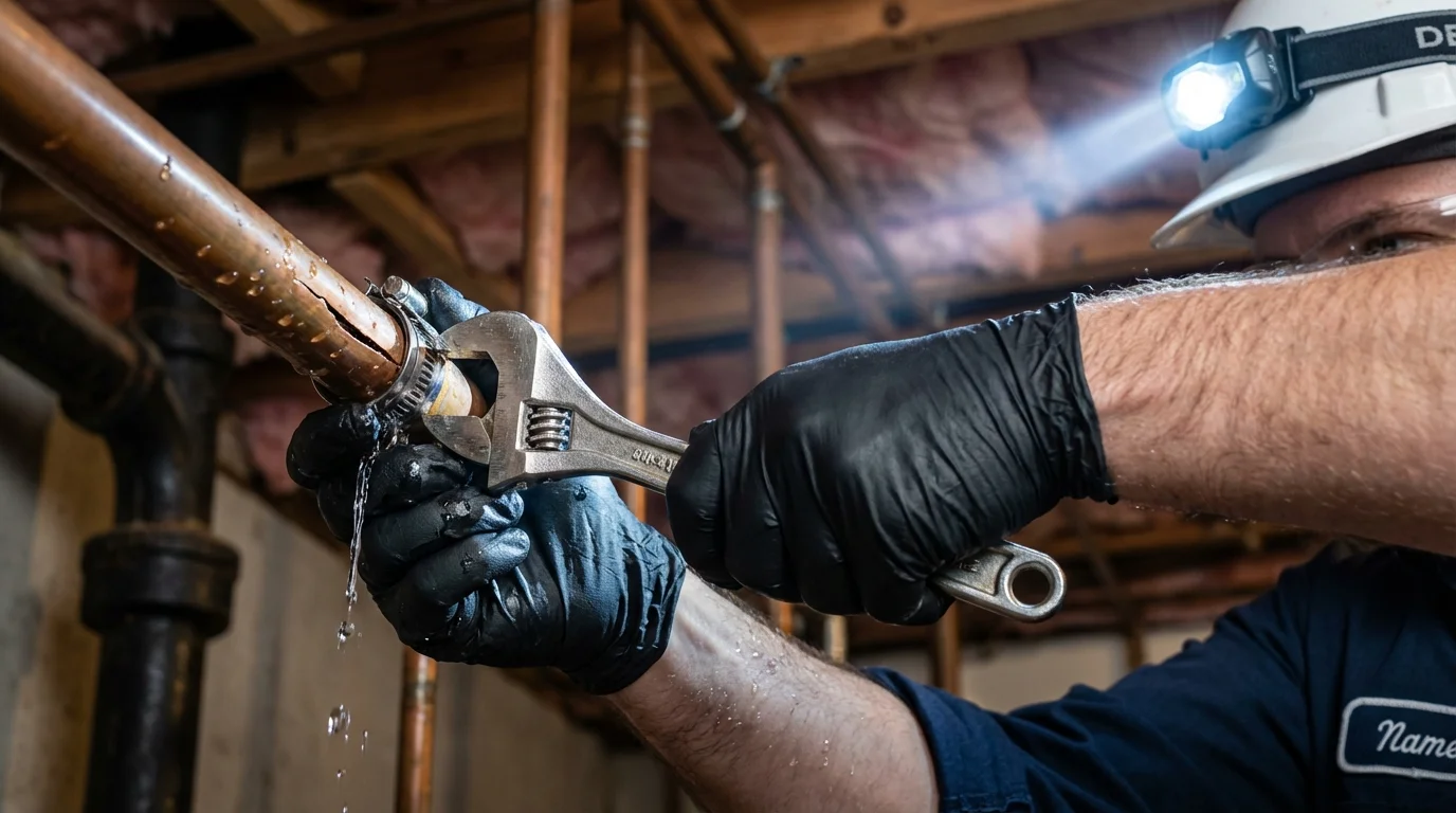 Emergency pipe clamp repair being performed by a Johns Plumbing LLC plumber in Trussville