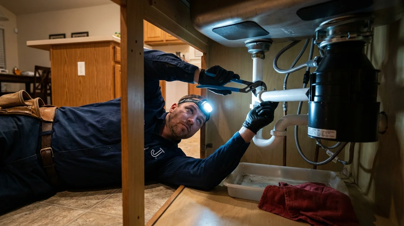 P-trap and supply line connections under a kitchen sink showing a common leak point in Trussville, AL